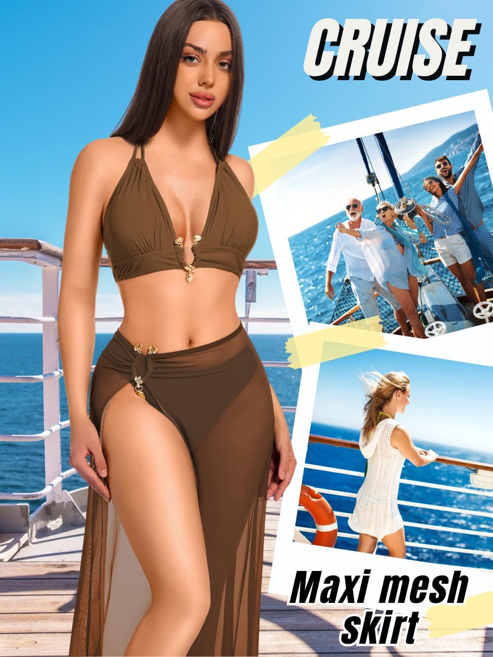 Kaei&Shi 3 Piece Swimsuits for Women,V Wire Halter Cheeky Bikini Sets,Sexy Bathing Suit with Mesh Cover Up