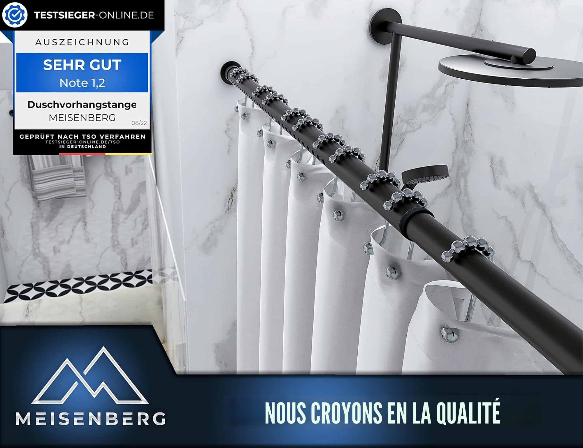 MEISENBERG Tringles Rideaux Sans Perçage, 260-310, Noir, Ø 25 mm, Tringle Rideau Douche pour Fenêtre, Salle de Bain, Terrasse et Cloison