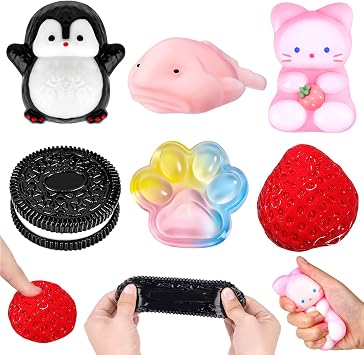 6Pcs Taba Squishy Set,Strawberry Squishy Fidget Toys for Kids Adults,Fufu Squishy Squeeze Toy Squishes Kit,Cookie Squishy Penguin Squishy Cat Paw SquishyToys for Anxiety Relief Home Office Desk Decor