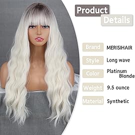 MERISIHAIR Ombre Platinum Blonde Wig with Bangs, Long Platinum Blonde Wigs for Women,Synthetic Long Platinum White Wig Dark Roots Daily Use Hair for Halloween Cosplay (Platinum Blonde)