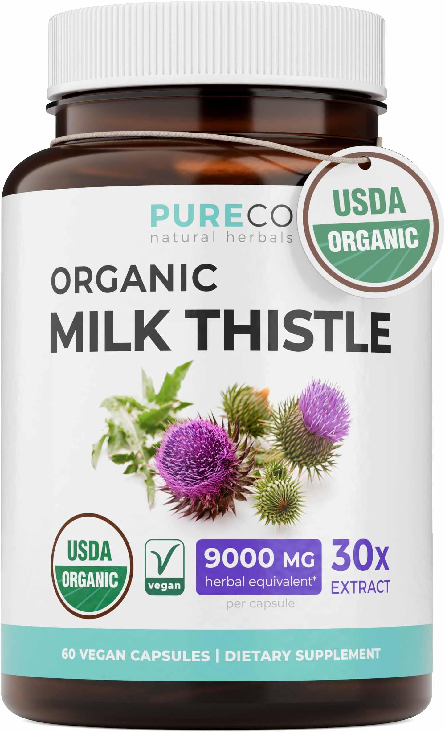 USDA Organic Milk Thistle Capsules - 80% Silymarin Supplement for Liver Support- Super Concentrated 300mg of 30:1 Milk Thistle Extract Equivalent to 9,000mg - Milk Thistle Liver Detox 60 Day Supply