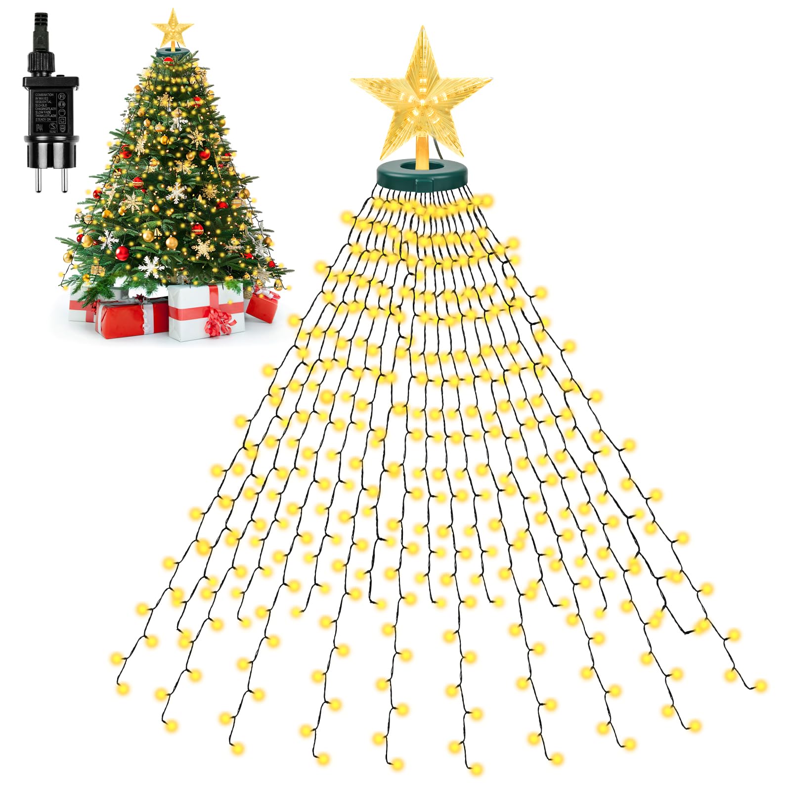 WUQNGI Luces Árbol Navidad con Estrella,400 LED Impermeables Guirnalda Luces Arbol Navidad 8 Modos 2Mx16 Hilos,Cadena Ligera Arbol Navidad Interior Exterior Decoración,Fiesta,Navidad,Blanco Cálido