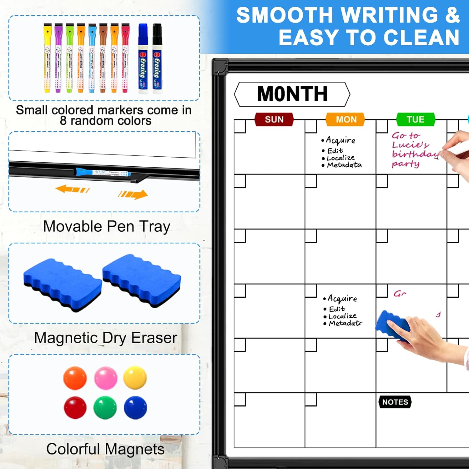 Calendar Whiteboard for Wall 48" x 36", Magnetic Dry Erase Calendar Monthly Dry Erase Board with Tray for Office Home and School