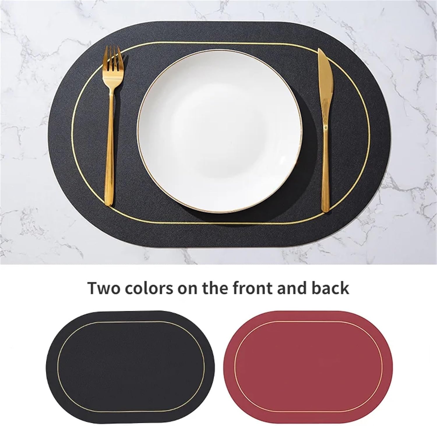Nordic Style Dual Color Contrast Oval Leather Placemat Hotel Home Waterproof Oil Proof Thermal Insulation Dining Table Decor Mat(B Red)