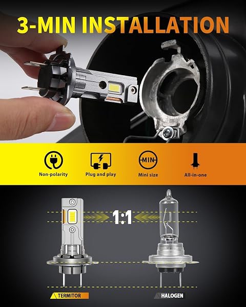 Termitor Latest H7/H7LL Bulbs, 50,000LM 900% Brightness, 6500K White Super Bright, 1:1 Halogen Size, 6500 Cool White H7 Fog Lights, No Adapter Required, Easy Install, Non-Polarity, Pack of 2 - 3