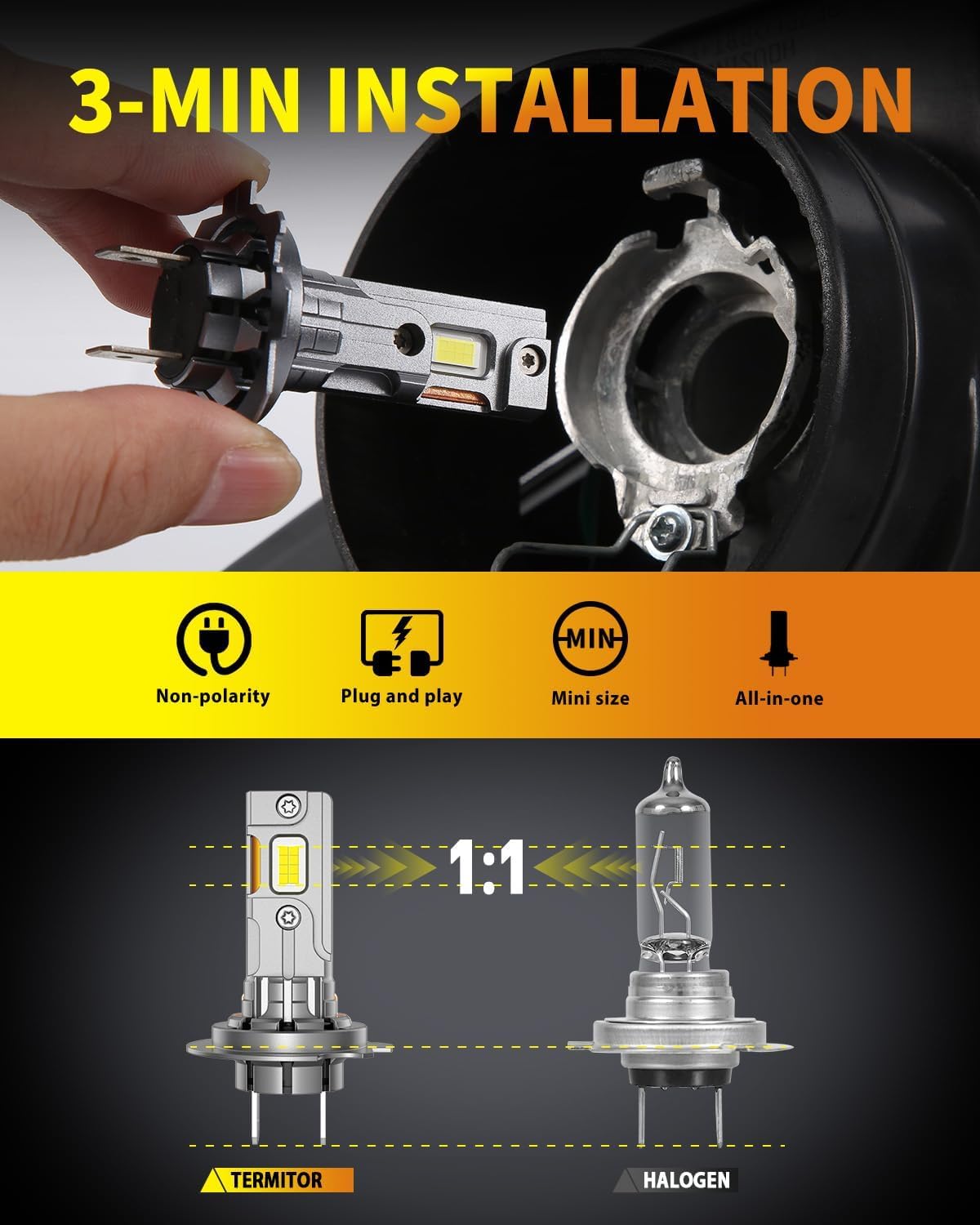 Termitor Latest H7/H7LL Bulbs, 50,000LM 900% Brightness, 6500K White Super Bright, 1:1 Halogen Size, 6500 Cool White H7 Fog Lights, No Adapter Required, Easy Install, Non-Polarity, Pack of 2