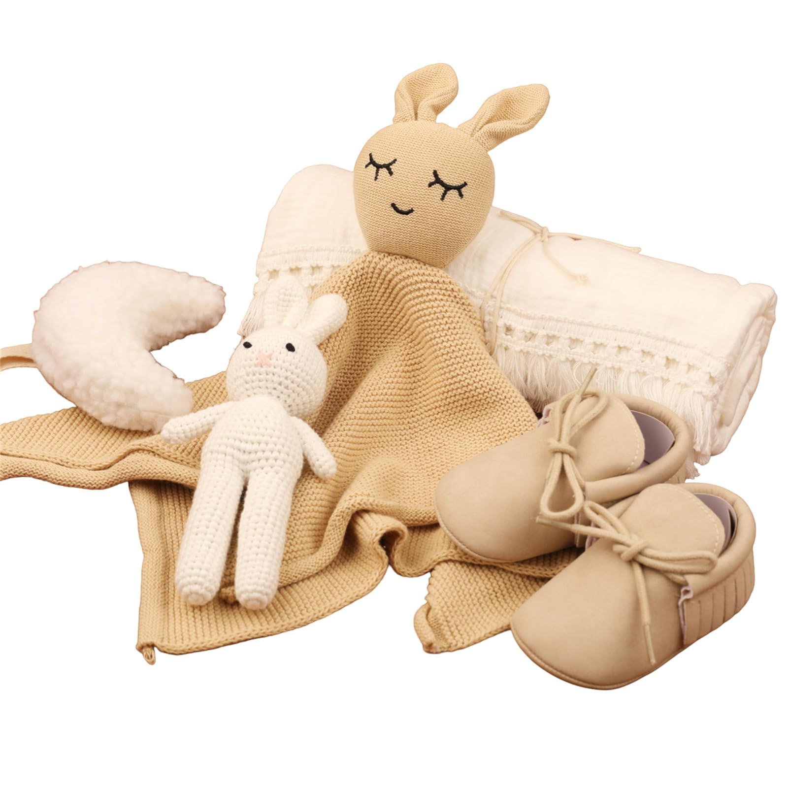 5-teiliges Baby-Set mit Baumwolldecke, beruhigendem Handtuch, Häkelspielzeug und Zubehör für Neugeborene