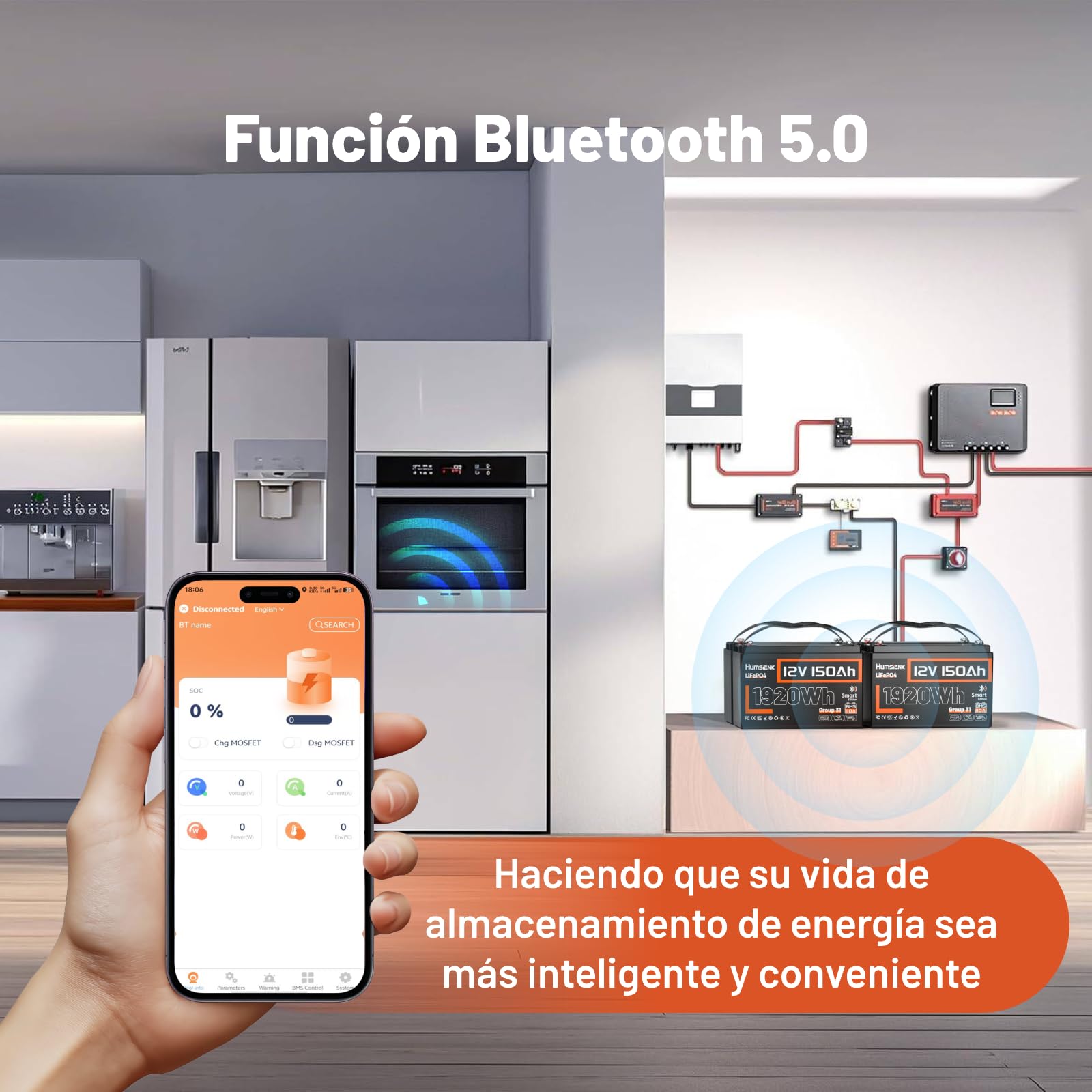 Humsienk Batería de Litio LiFePO4 12V 150Ah con Bluetooth, BMS 110A Integrado, Protección Baja Temperatura, 15000+ Ciclos Profundos, Recargable, para Autocaravana, Solar, Barco, Off-Grid