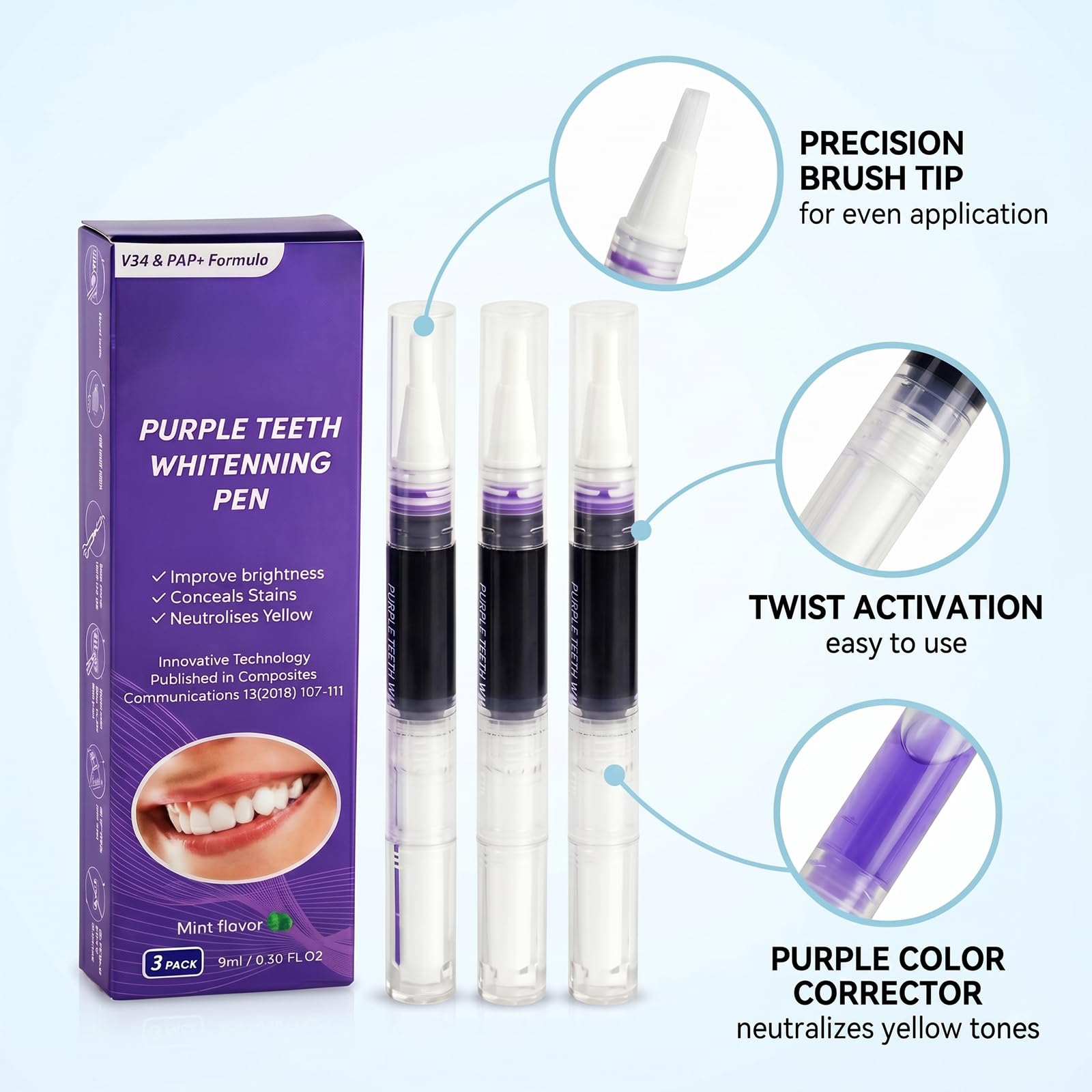 Penna Sbiancante Denti 3 Pezzi, Penna Sbiancante Viola per Denti Bianchi, Gel Sbiancante Denti contro Macchie di Caffè e Tè, Trattamento Sbiancamento Denti