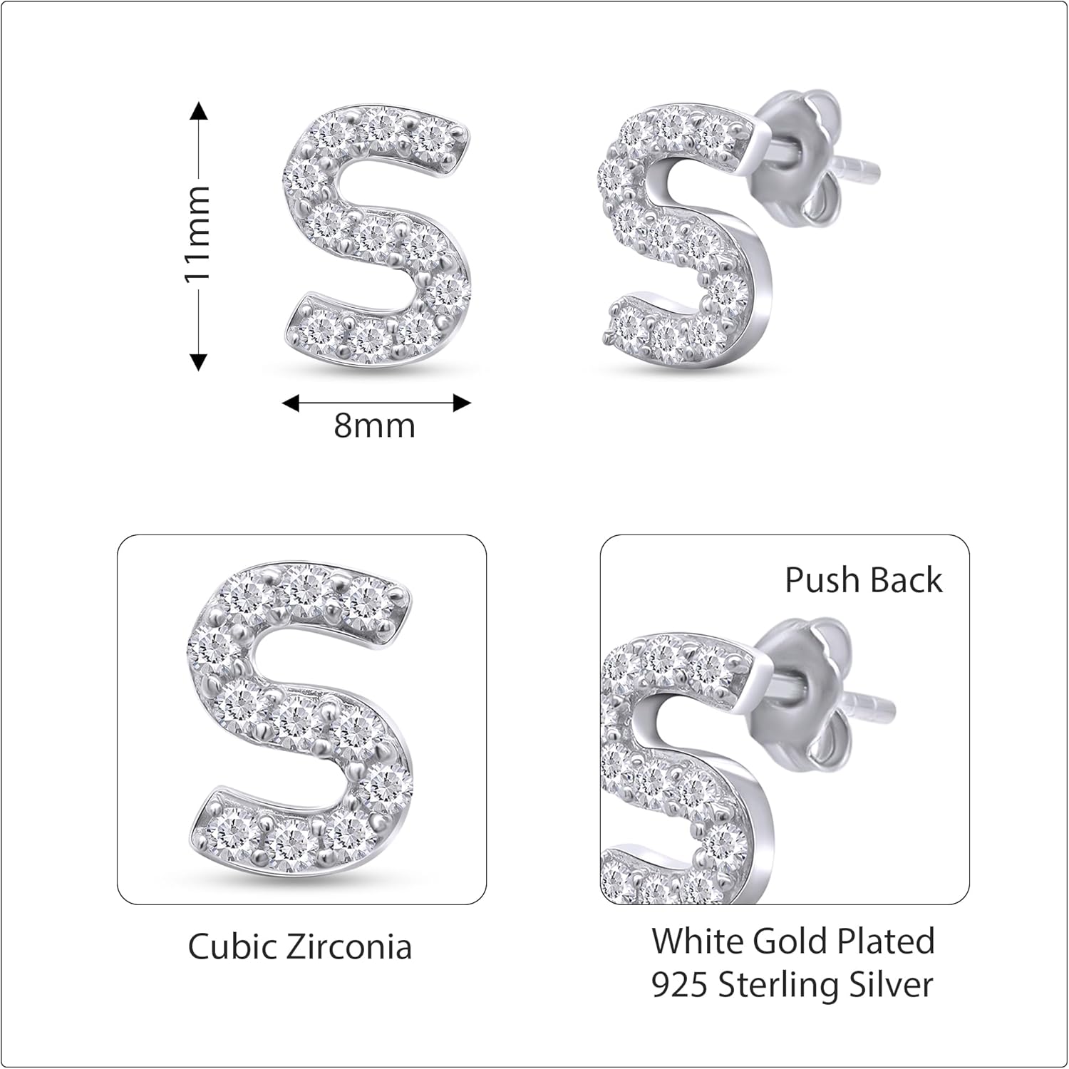 Round Cut White Cubic Zirconia Alphabet A-Z Letter Initial Stud Earrings In 14k Yellow Gold Over Sterling Silver