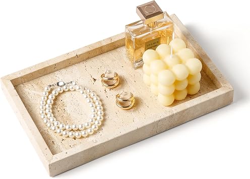 Italy Travertine Stone Vanity Tray for Jewelry, Perfume, Makeup, Candle,Natural Marble Decorative Trays for Bathroom Dresser Rectangle Kitchen Storage Organizer for Home Decor Beige WH020