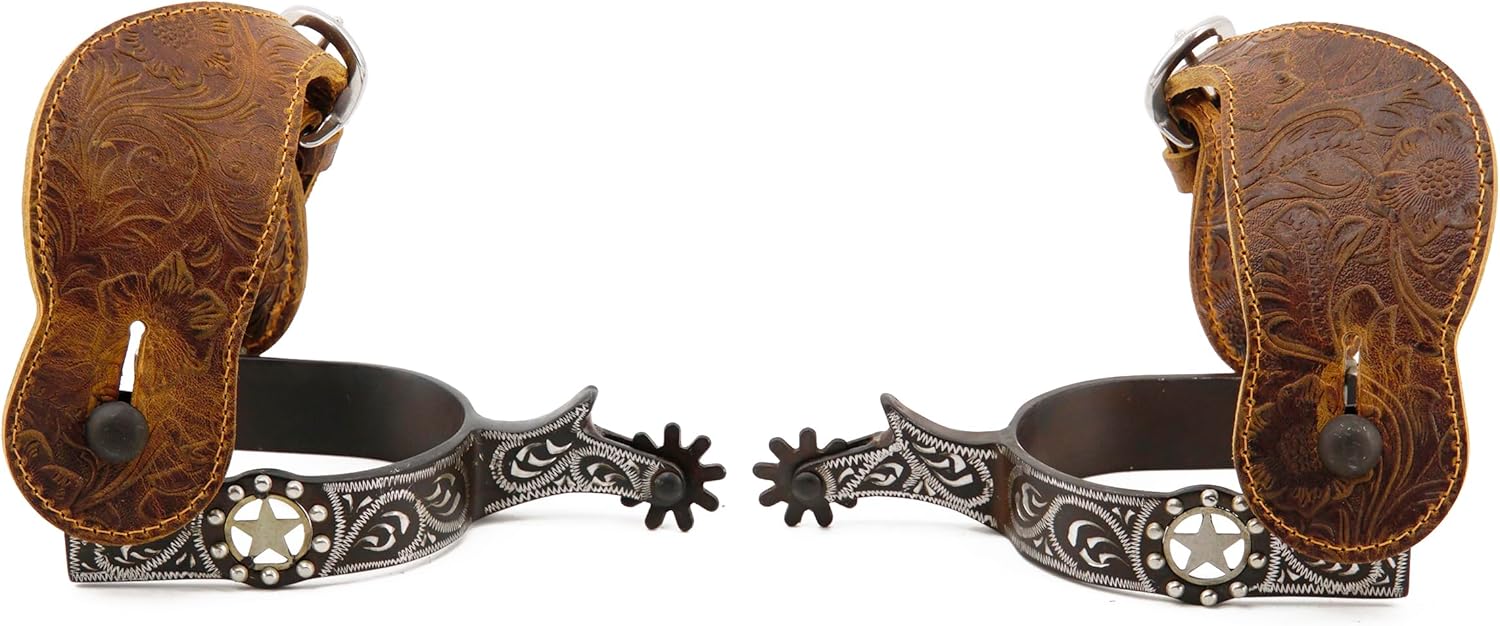 Jeereal Men's Western Antique Spurs with Spur Straps, Engraved German Silver Trims,Iron 3/4" Band,2 1/4" Shank