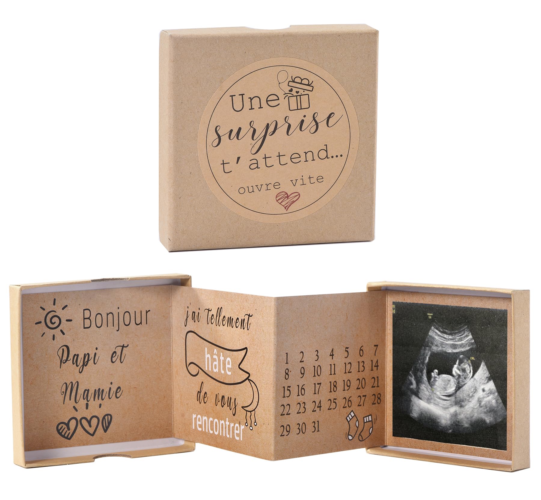 Carte Dépliante Surprise Annonce Grossesse Future Grand-Parents avec Photo Échographie Calendrier Naissance