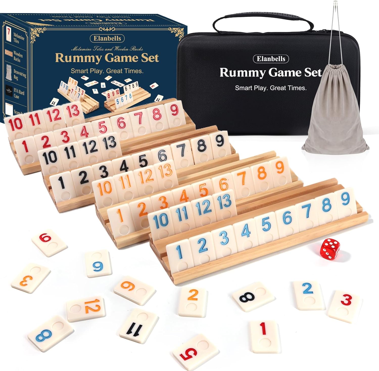 Upgraded 2-4 Players Rummy Cube Board Game Set with 4 Wooden Racks, 106 Tiles, Portable Case, Drawstring Bag and Dice, for Adults Friends Night Gifts Travel Party Sharpens Brain