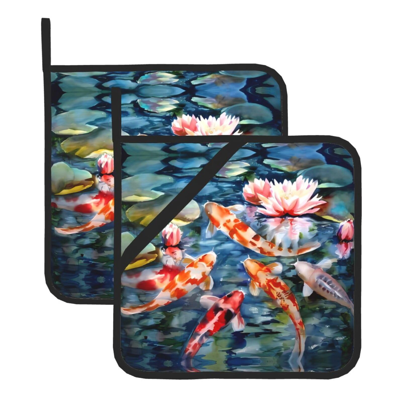 HJFCZH Fish Prints Square Hot Pads for Kitchen - Waterproof Heat Resistant Potholders, Thick Trivet Covers with Hanging Loops, Oven & Grill Dish Protectors (2-Pack)
