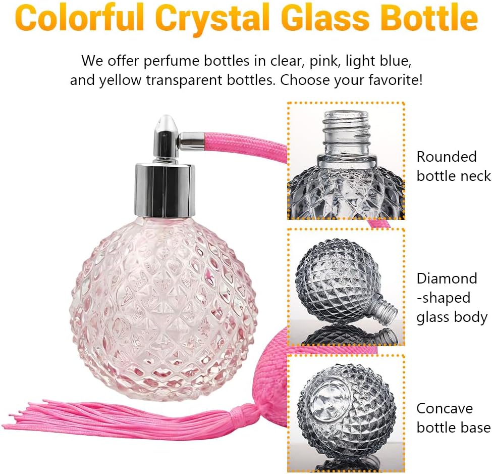 Retro Crystal Perfume Bottle, 80ml Refillable Pink Perfume Atomizer Empty with Pink Long Tassels Vintage Spray Atomizer Pump Glass Container Reusable Dispenser Bottles for Makeup Hair(Sliver Nozzle)