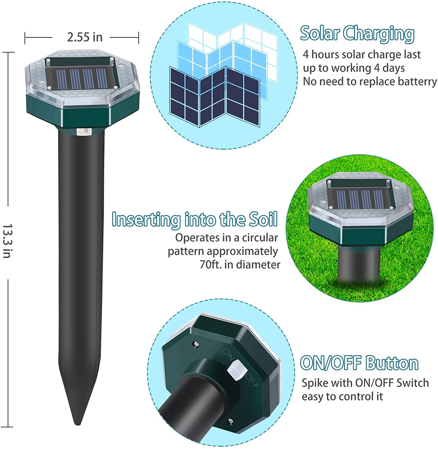 4X Ahuyentador de Topos ultrasonico,Solar Repelente de Ratones contra Topos, campañoles, Ratones, Hormigas y Serpientes,pto para Jardines, Campos, Cultivos