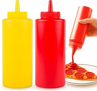 Condiments Squeeze Bottles Dispenser, Red/Yellow, Ketchup, Mustard, Kitchen Craft BBQ Picnic BPA Free R/Y, 12 oz.
