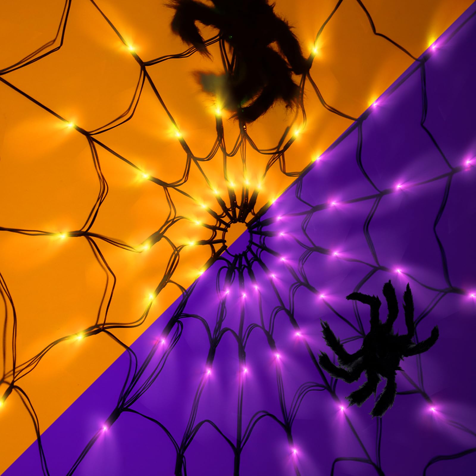 Luces de telaraña para decoración de Halloween, 2 telarañas iluminadas, 4 pies de diámetro, 70 LED con araña negra, impermeable, control remoto, 8 modos de decoración de Halloween (morado + naranja)