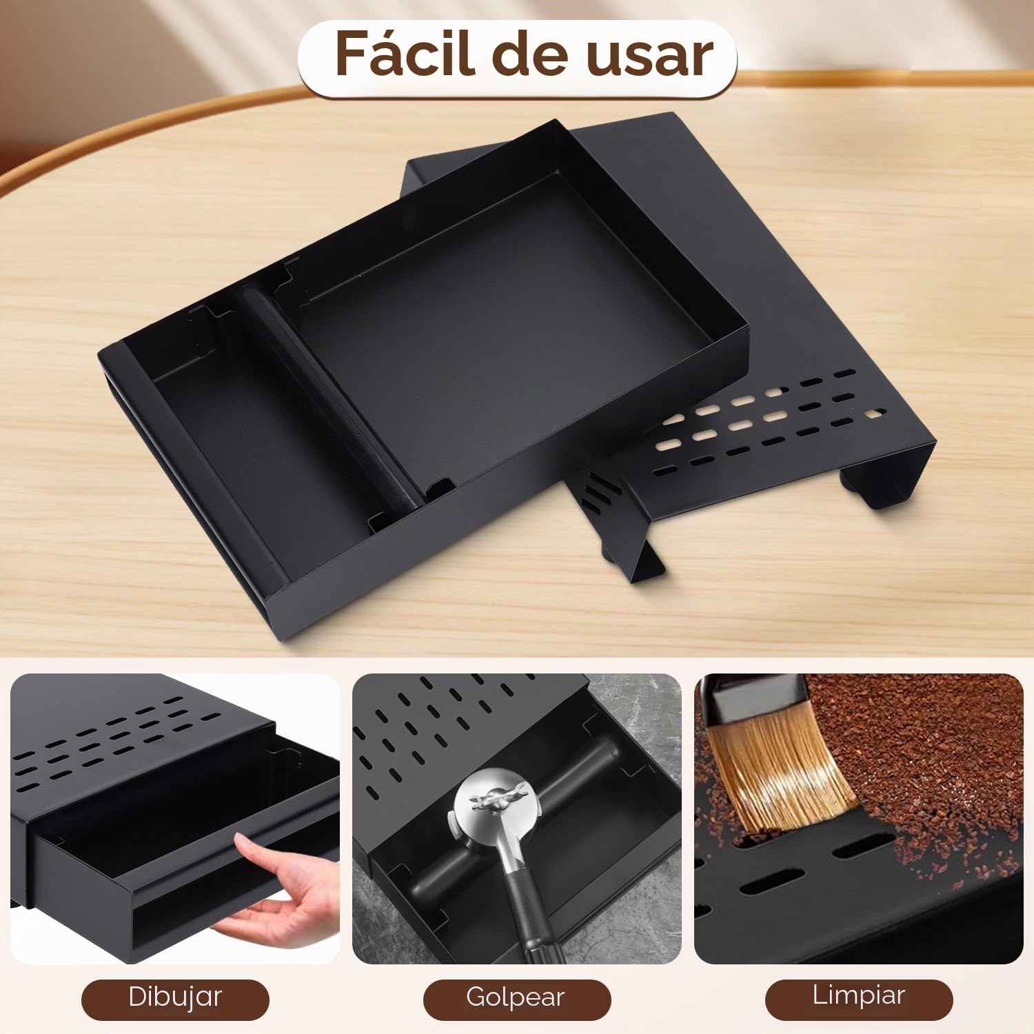 Cajón de Caja de Café, Caja para Posos de Café de Inoxidable con Palo de Golpe Contenedor de Posos de Espresso para el Hogar Oficina Restaurante Cafetería (Negro)