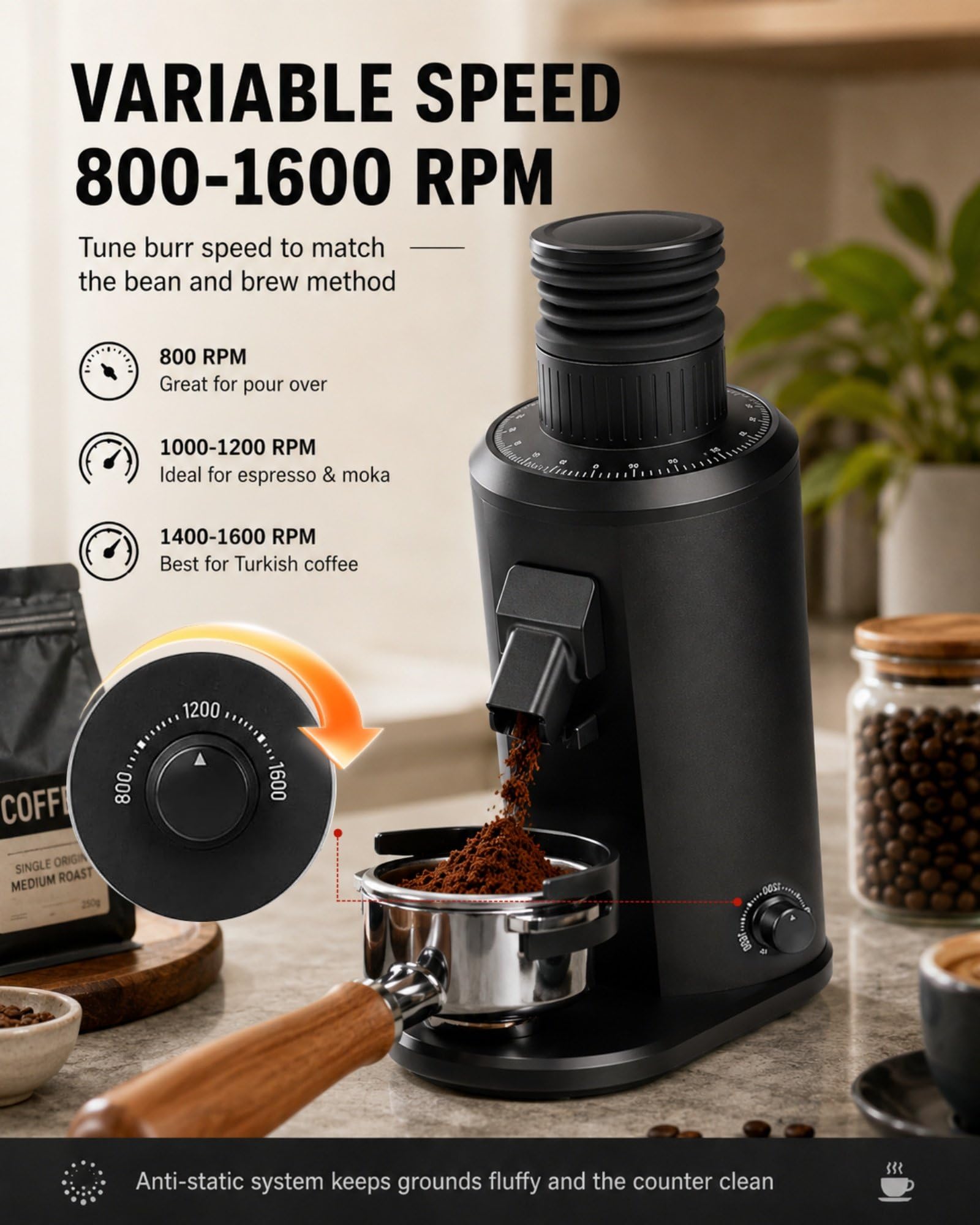 Molinillo de Café Single Dose 80mm, Molinillo Espresso Eléctrico con Muelas Planas, Ajuste 0-100, Velocidad 800-1600 RPM, Depósito 70g, Compatible Portafiltro 58mm, 550W Black