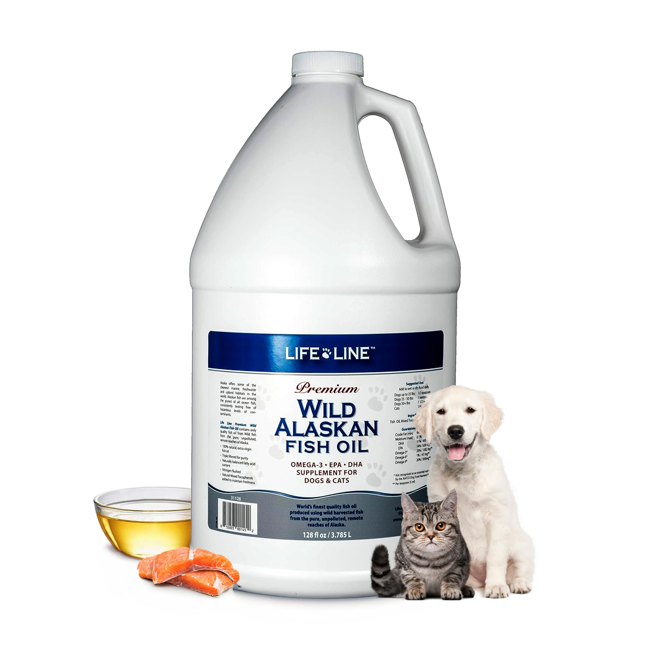 Life Line Pet Nutrition Wild Alaskan Fish Oil for Dogs and Cats 128oz – Omega 3 Fish Oil Supplement for Skin & Coat, Brain, Eye & Heart Health