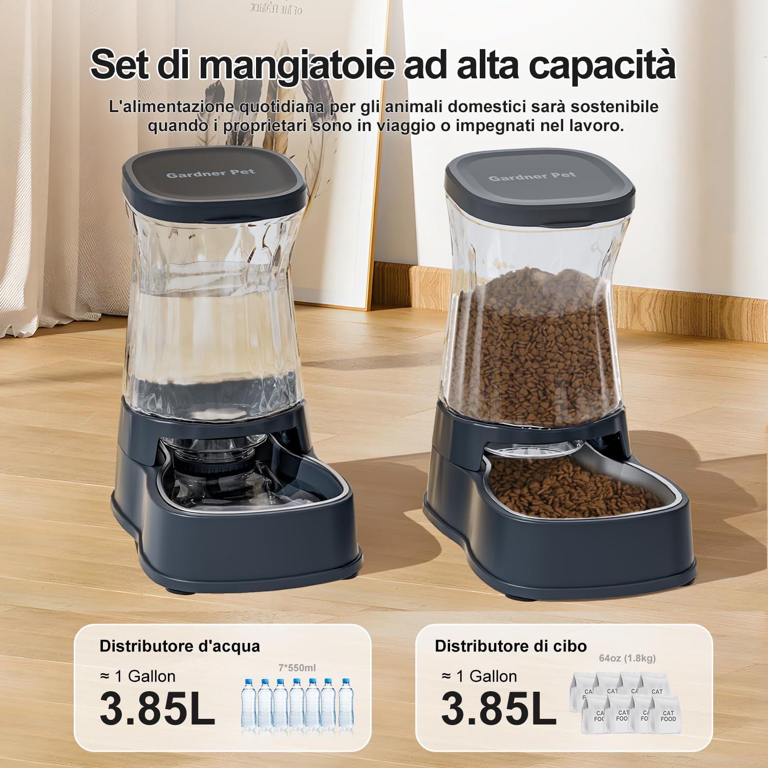 Gardner Pet 3.85L Distributore Automatico Cibo Gatti (Set da 2), Dispenser Acqua Gatti con Ciotola in Acciaio Inox, Dispenser Crocchette Gatto Assenza di ElettricitÀ, Senza BPA, Grigio Scuro