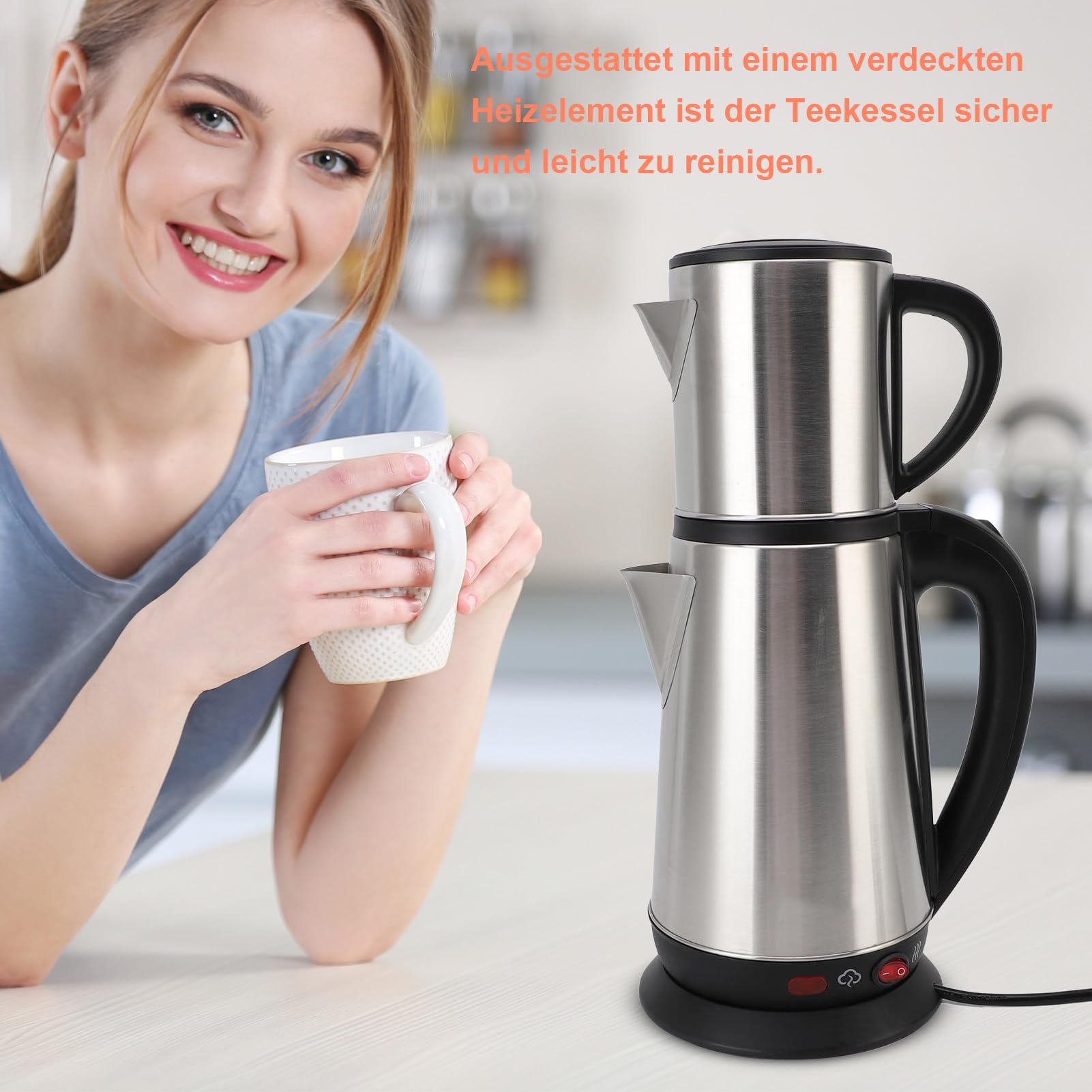 SENECESLI Elektrischer Türkischer Teehersteller, Edelstahl -Doppelkinder -Teekessel, Inklusive Infuser, Automatische Absperrung und Kochen Trockener Schutz, 1l Kessel + 2L Teekanne, 1800W (EU)
