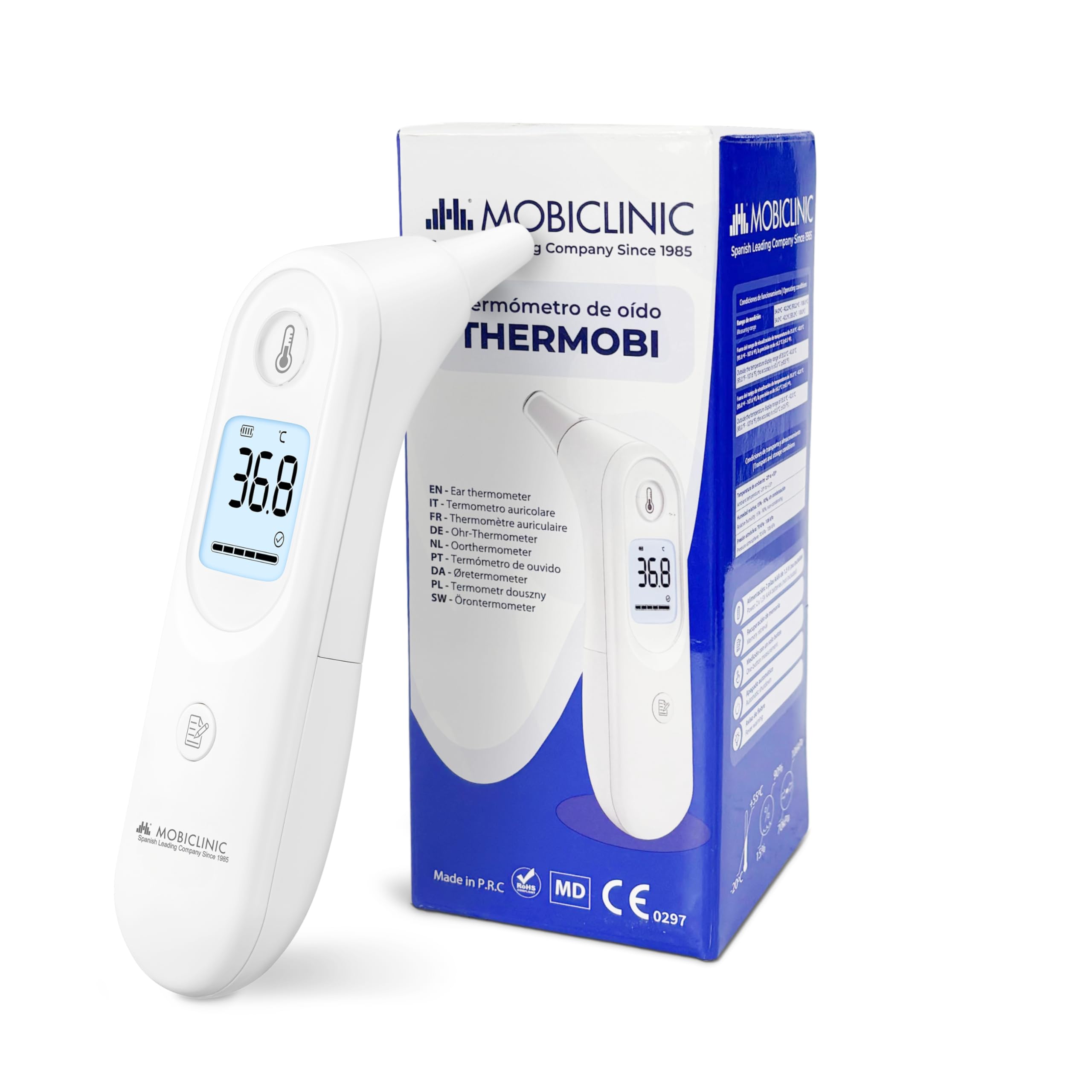 Mobiclinic®, Termometro Auricolare, 7 Memorie, Avviso Febbre, Display Illuminato, Punta Morbida e Sicura, Spegnimento Automatico, per Bambini e Adulti, °C/°F, Thermobi1