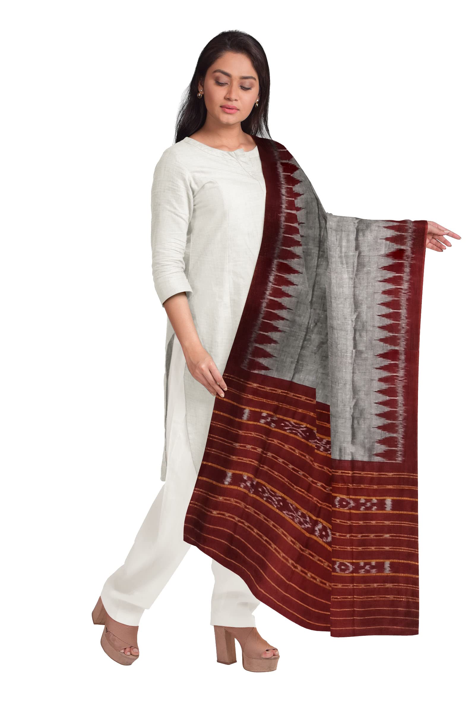 nuapatanapata Women's Solid Sambalpuri Cotton Dupatta with weaving and Ikat woven border from the Weavers of Odisha Temple Border & Ikkat Ladies Girls & Women -90-picture-44