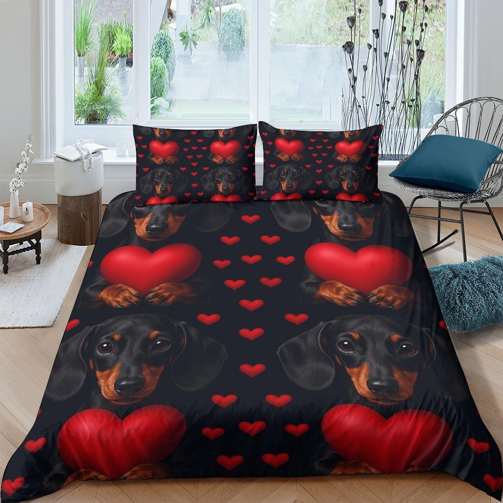 GPLZQXKJNH 3D Printed Dachshund Heart Duvet Cover Set Microfiber Soft Breathable Red Love Quilt Cover with 2 Pillowcases for Bedroom Decor Single（135x200cm）