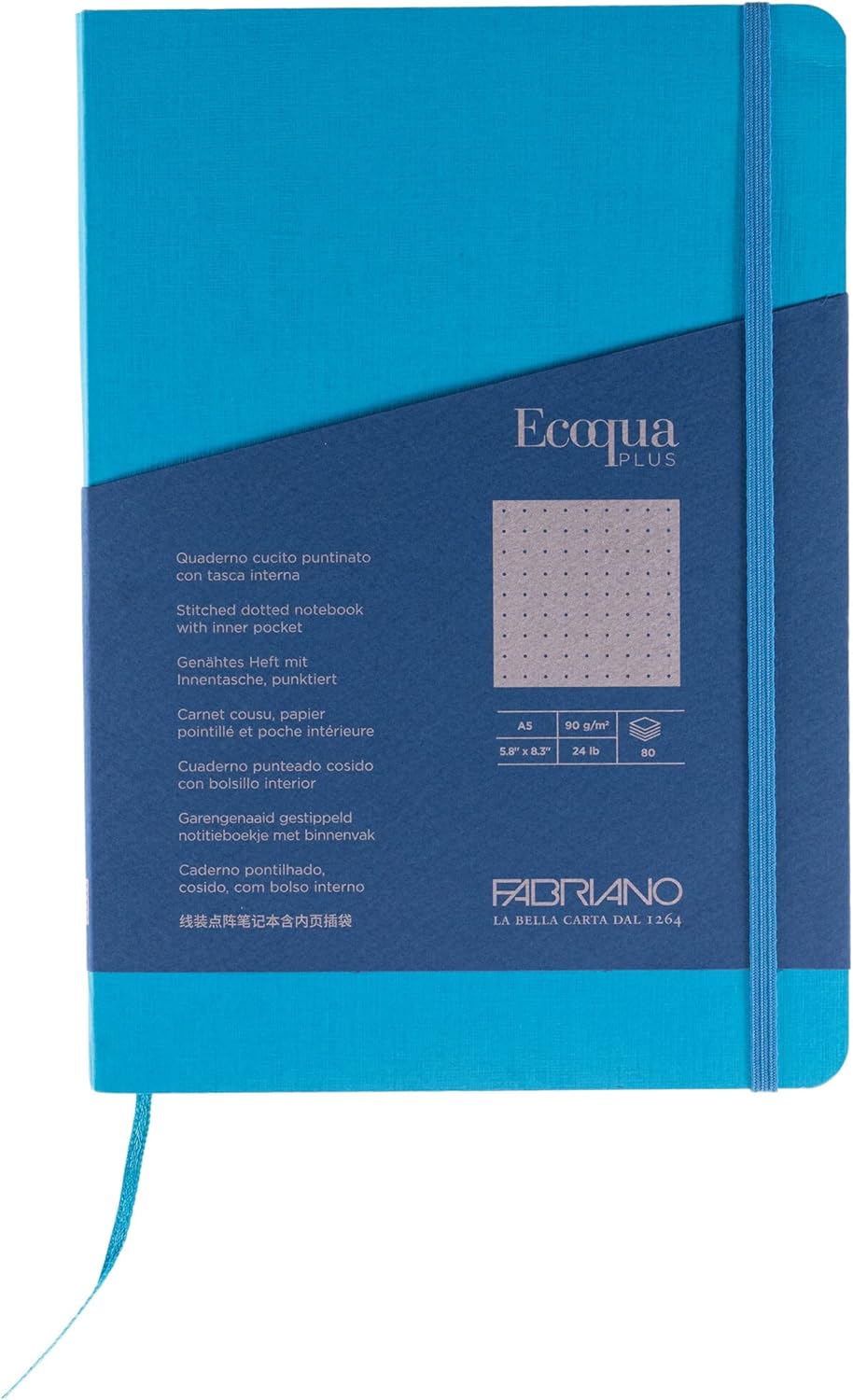 Fabriano Ecoqua Plus Stitch-Bound Notebook, 5.8" x 8.3", A5, Dotted, Turquoise