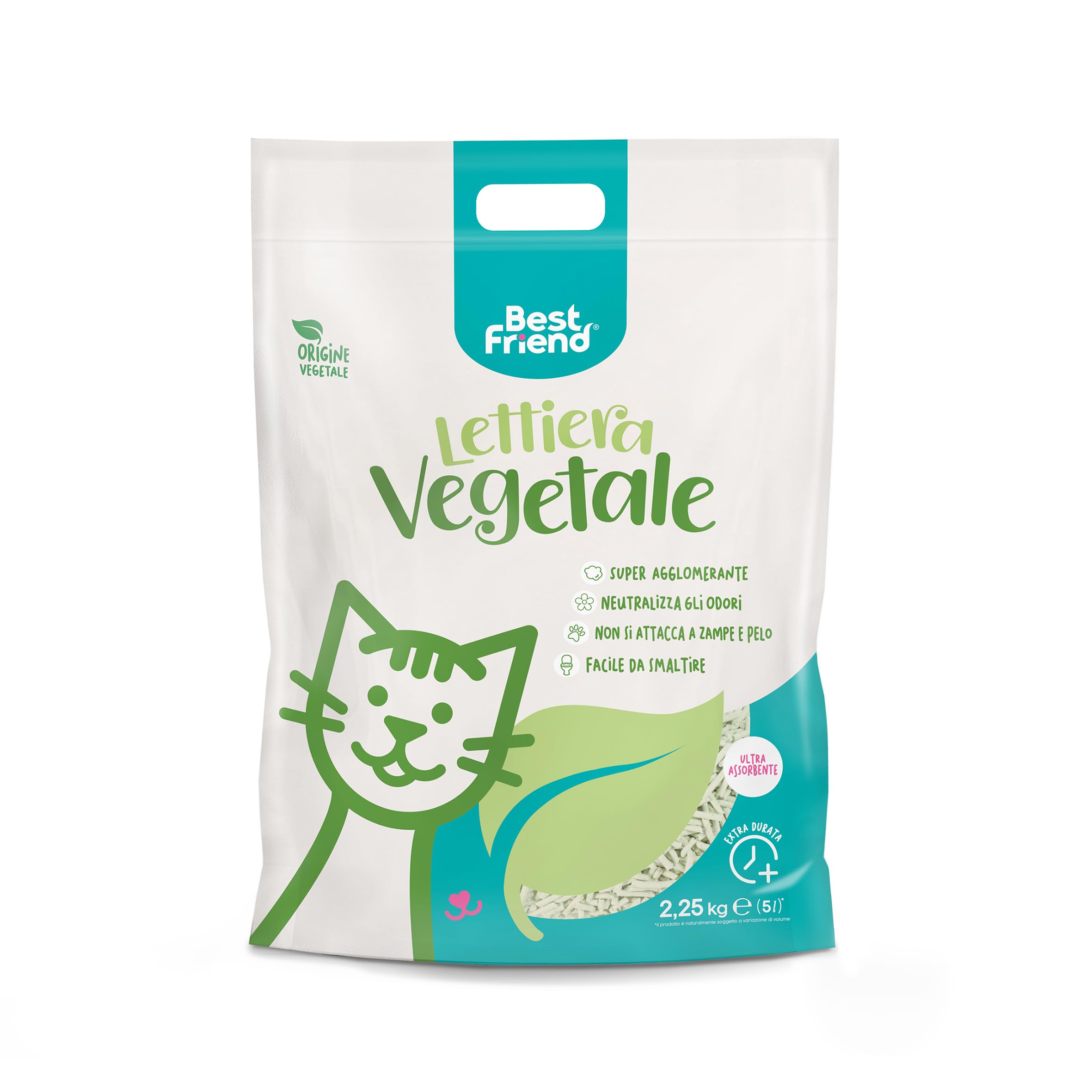 Best Friend - Lettiera Vegetale per Gatti da 5L di lunga durata. Sabbia Naturale e Super Agglomerante. Smaltibile nell'organico o nel WC. Neutralizza gli odori e non si attacca a zampe e pelo, 6 pezzi