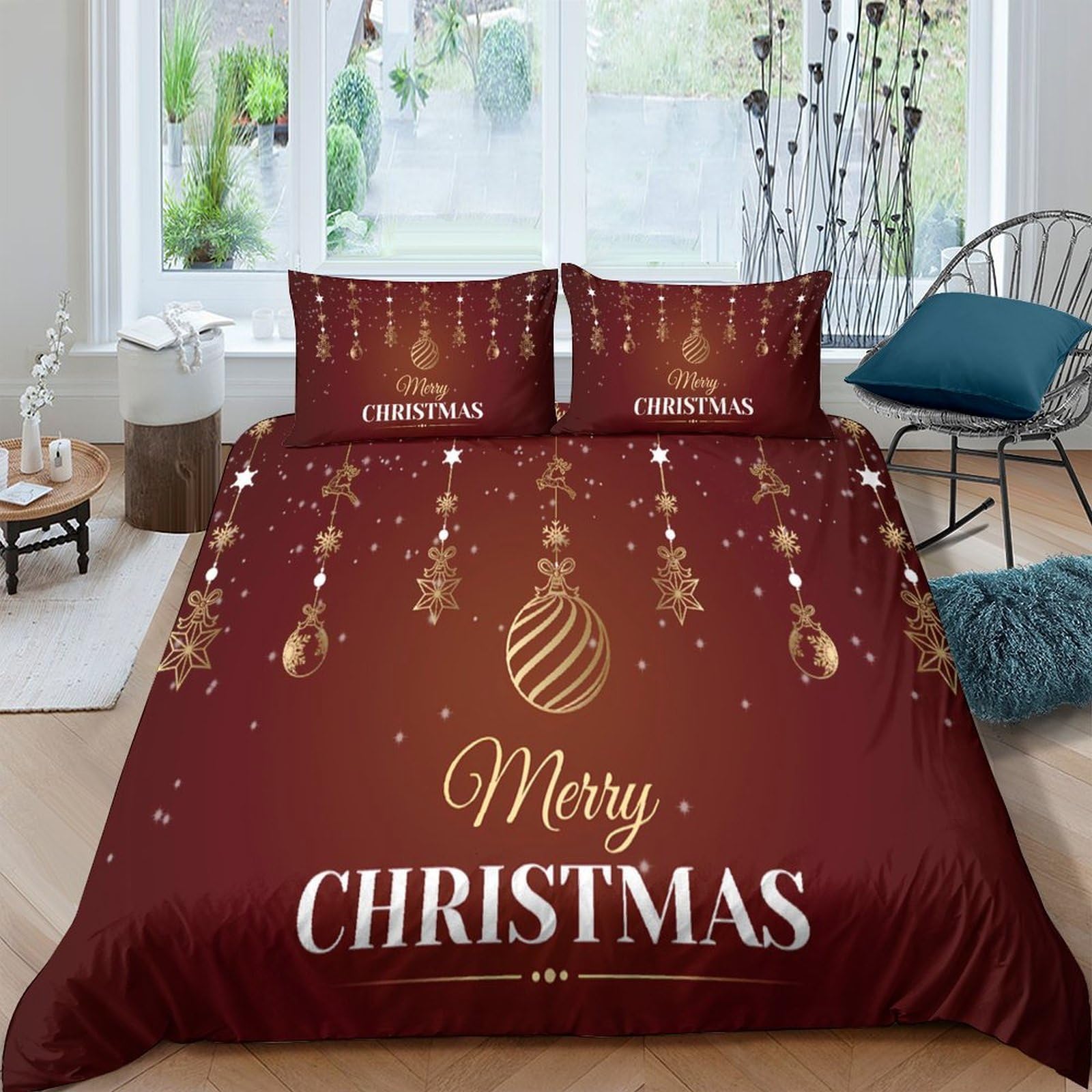 Ctjqhvkz Style-6 3D Printed Christmas Ornament Fitted Sheet Microfiber Soft Red Snowflake Bed Cover For Bedroom Guest Room Mattress Decor Single（135X200cm）