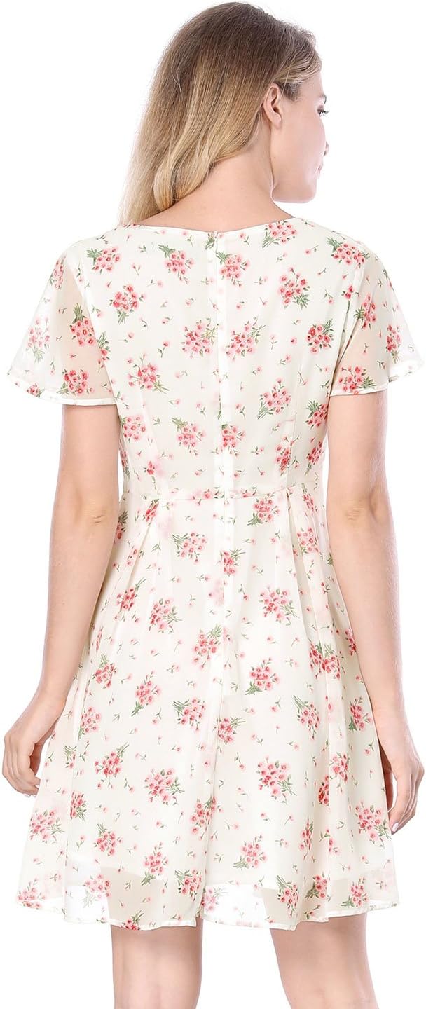 Allegra K Women's Floral Printed Spring Summer Flare Short Sleeve Lace-up V Neck Chiffon Dress - Image 5