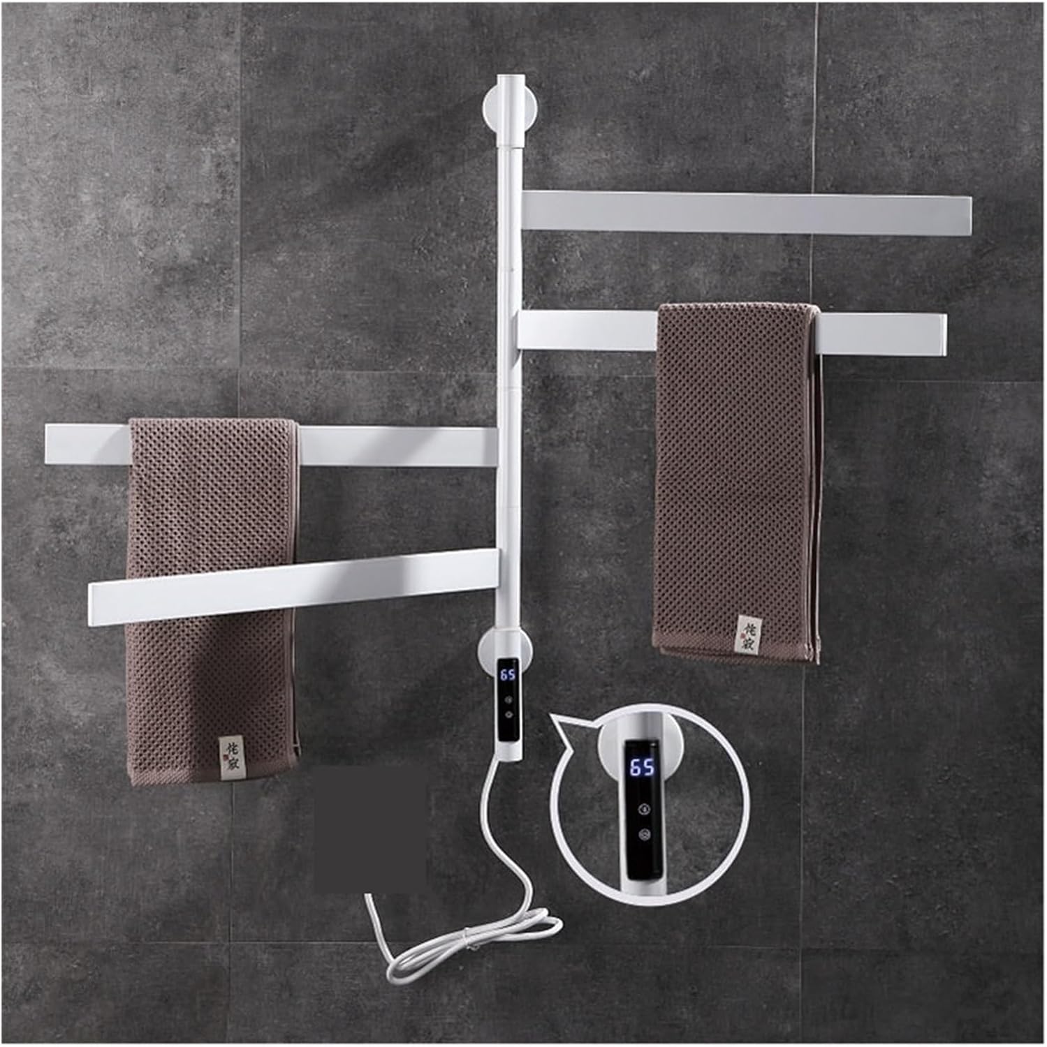 Electric Bath Towel Warmer Heating Towel Shelf Rack Towel Dryer Shelf Rotatable Smart Digital Display Bathroom Accessories,White-Square