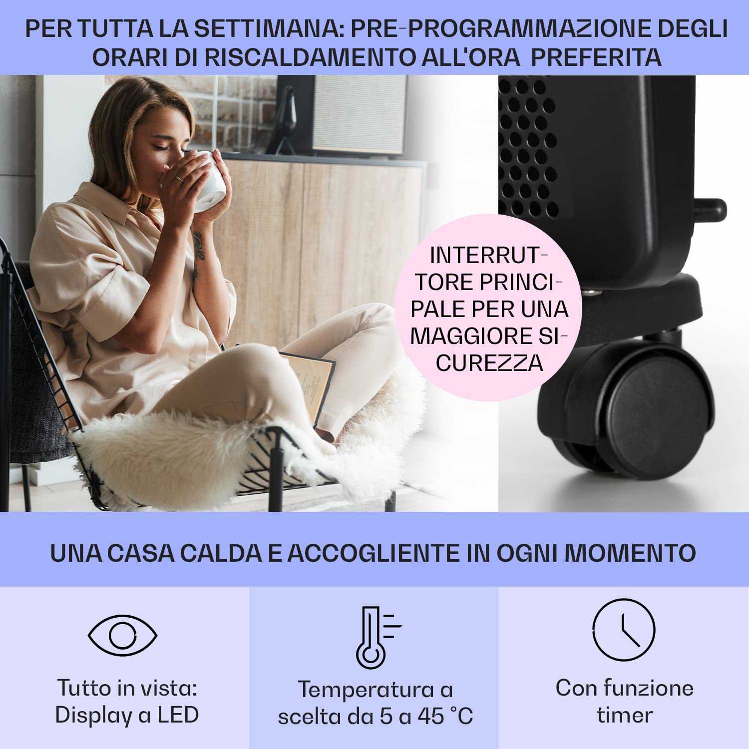 Klarstein Stufa Elettrica Basso Consumo, Stufa Elettrica 2000W, Termoconvettore Elettrico a Parete con Termostato, Termosifone Elettrico Basso Consumo, Calorifero Riscaldamento Elettrico Portatile