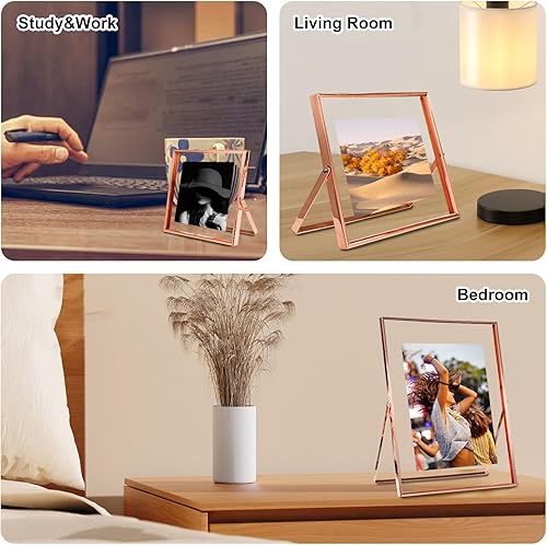Miniatura 3 de Juego de 3 marcos de fotos flotantes de metal dorado con vidrio para escritorio y mesa verticalmente, 4 x 4 pulgadas, 4 x 6 pulgadas, 5 x 7 pulgadas