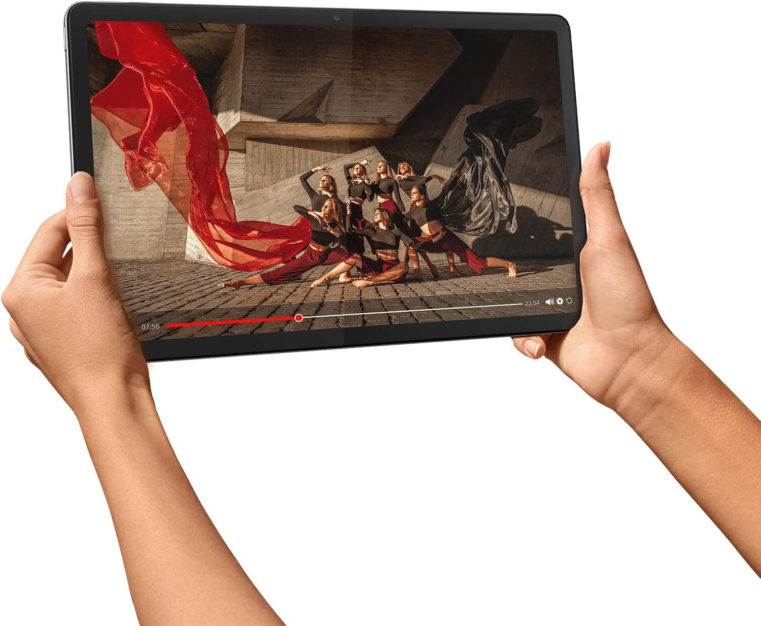 Lenovo Tab P11 Pro Gen 2 tablet, held horizontally by two hands, displaying a video on its screen.