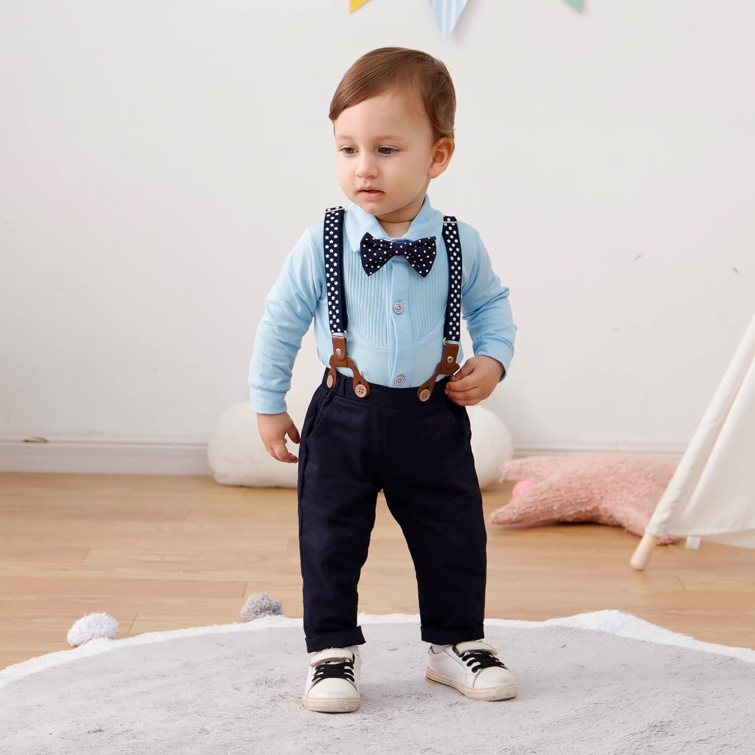 YUEMION Baby Boy Clothes Wedding Outfit Suits, 0-18 Months Infant Boy Gentleman Set, Dress Shirt+Vest+Suspender Pants+Bowtie - Image 6