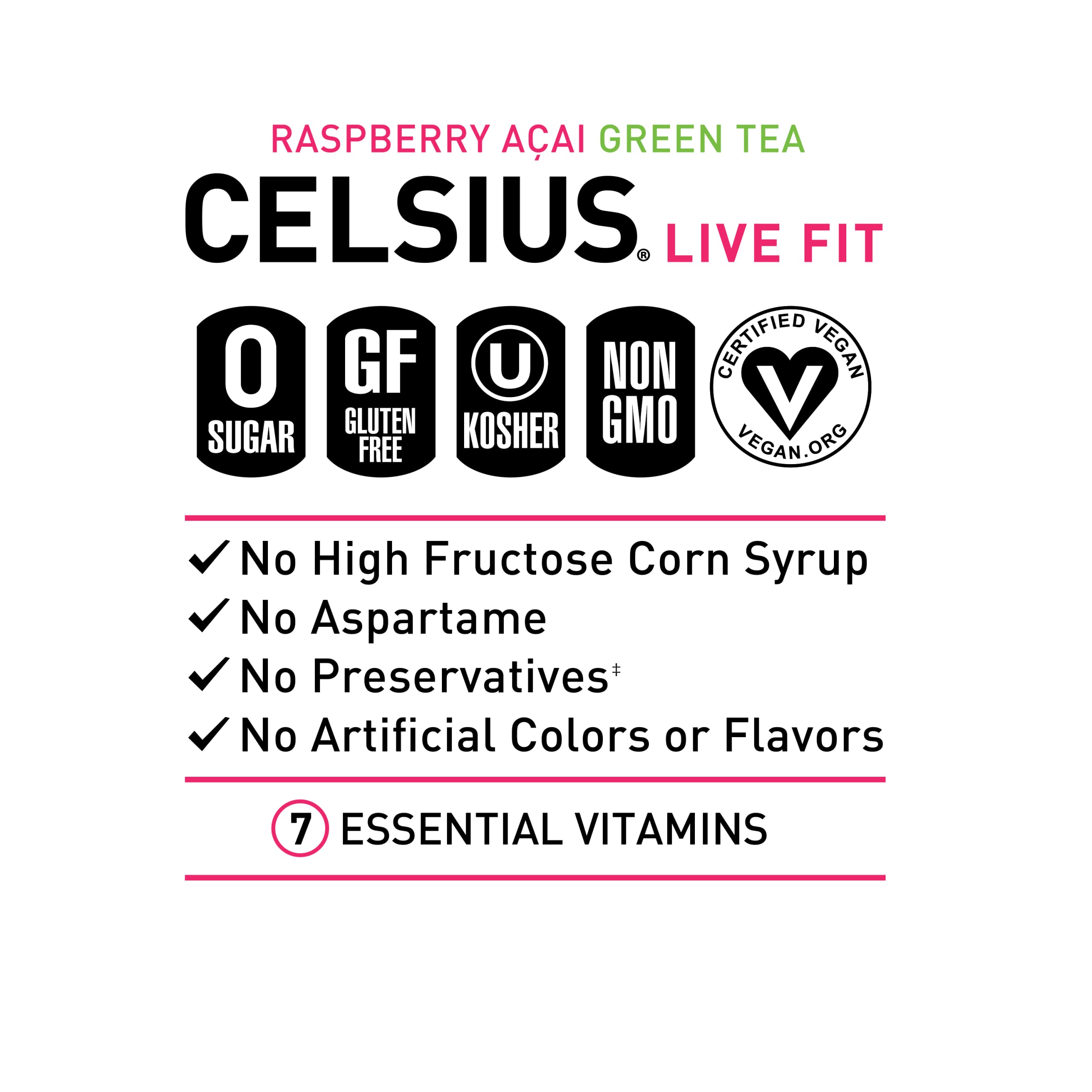 CELSIUS Essential Energy Drink, Raspberry Acai Green Tea, 12 Fl Oz