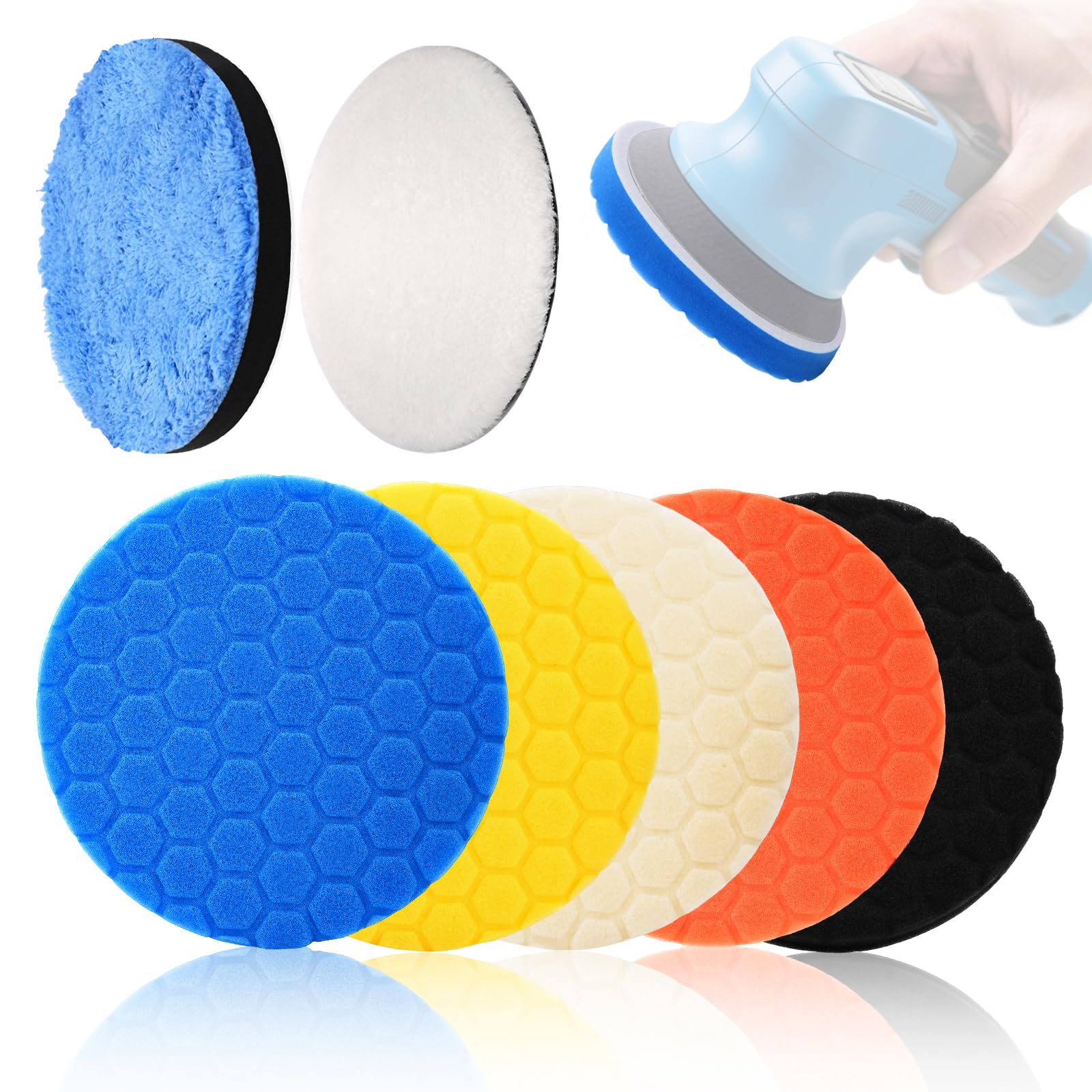7 Stück Polierschwämme Pad 150mm/6 Zoll Waben Polieren Schwämme,Auto Polierpads,Wachs Schwämme Pad Polierschwamm Pad Set,für Exzenter Poliermaschine Schleifmaschine