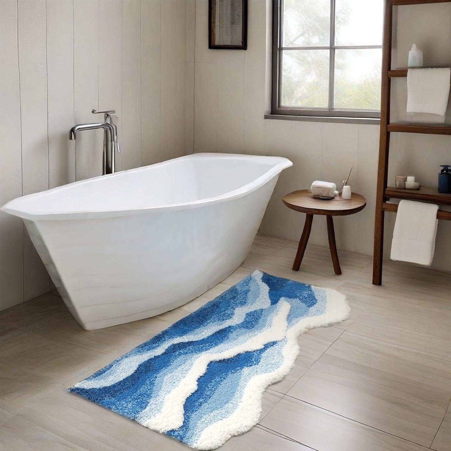 Blue Ocean Bath Mat，Wave Bathroom Rugs Cute Navy Blue Runner Rug Non Slip Washable Bath Mats for Bedroom Bathroom Hallway Home Decor Indoor Doormat Shower Mat(B, 19.5in X 47in)