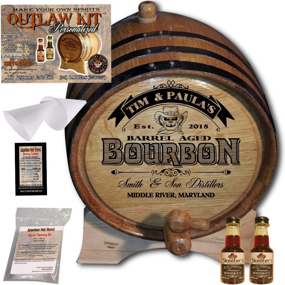 Personalized Whiskey Making Kit (102) - Create Your Own Tennessee Bourbon Whiskey - The Outlaw Kit from Skeeter's Reserve Outlaw Gear - MADE BY American Oak Barrel - (Oak, Black Hoops, 2 Liter)