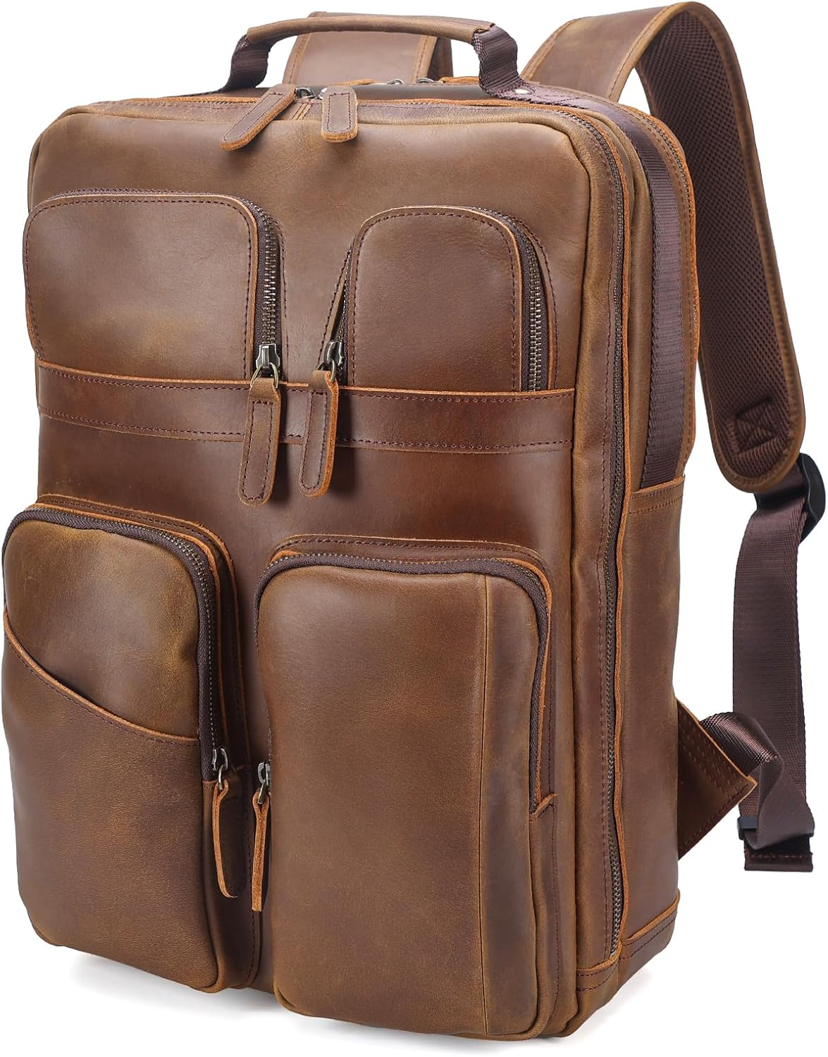 Polare 17.3 Inch Full Grain Leather Backpack for Men and Women Multi Pockets Business Travel Laptop Rucksack (Light Brown)