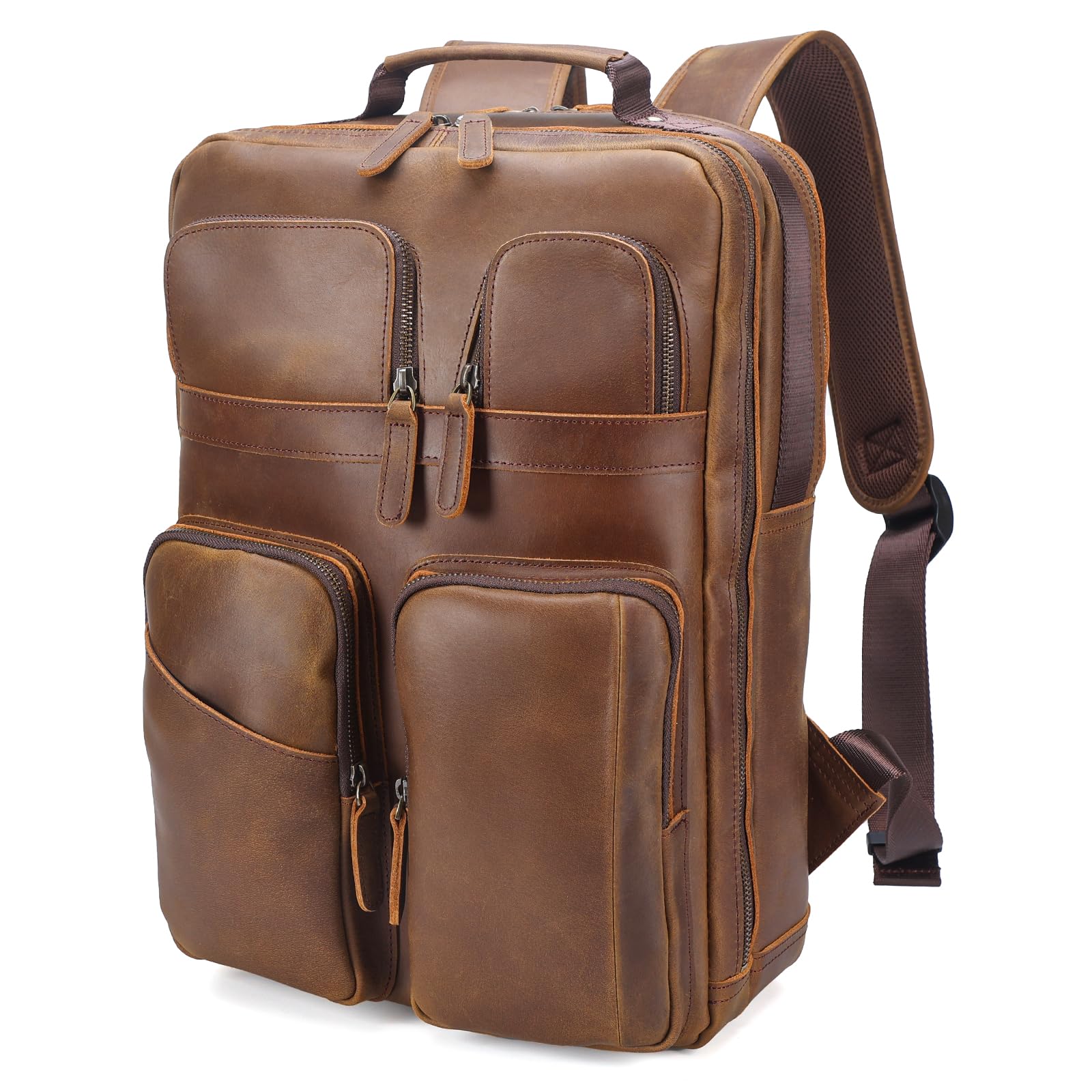 Polare 17.3 Inch Full Grain Leather Backpack for Men and Women Multi Pockets Business Travel Laptop Rucksack (Light Brown)