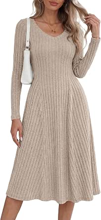 KIRUNDO Women's Long Sleeve Ribbed Knit Midi Sweater Dress
