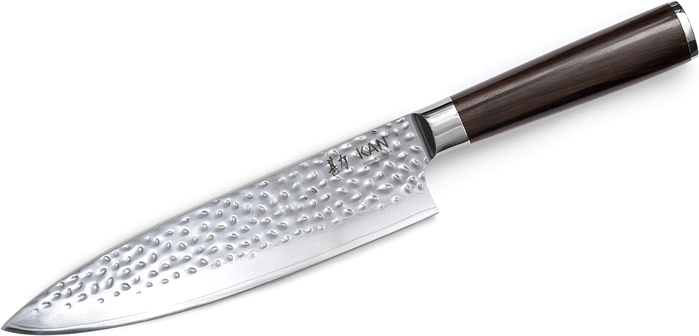 - KAN Core Professional Chef Knife 8-inch VG-10 67 layers Damascus Ambidextrous (Hammered Japanese VG-10 Blade, Ebony wood handle-upgraded version)