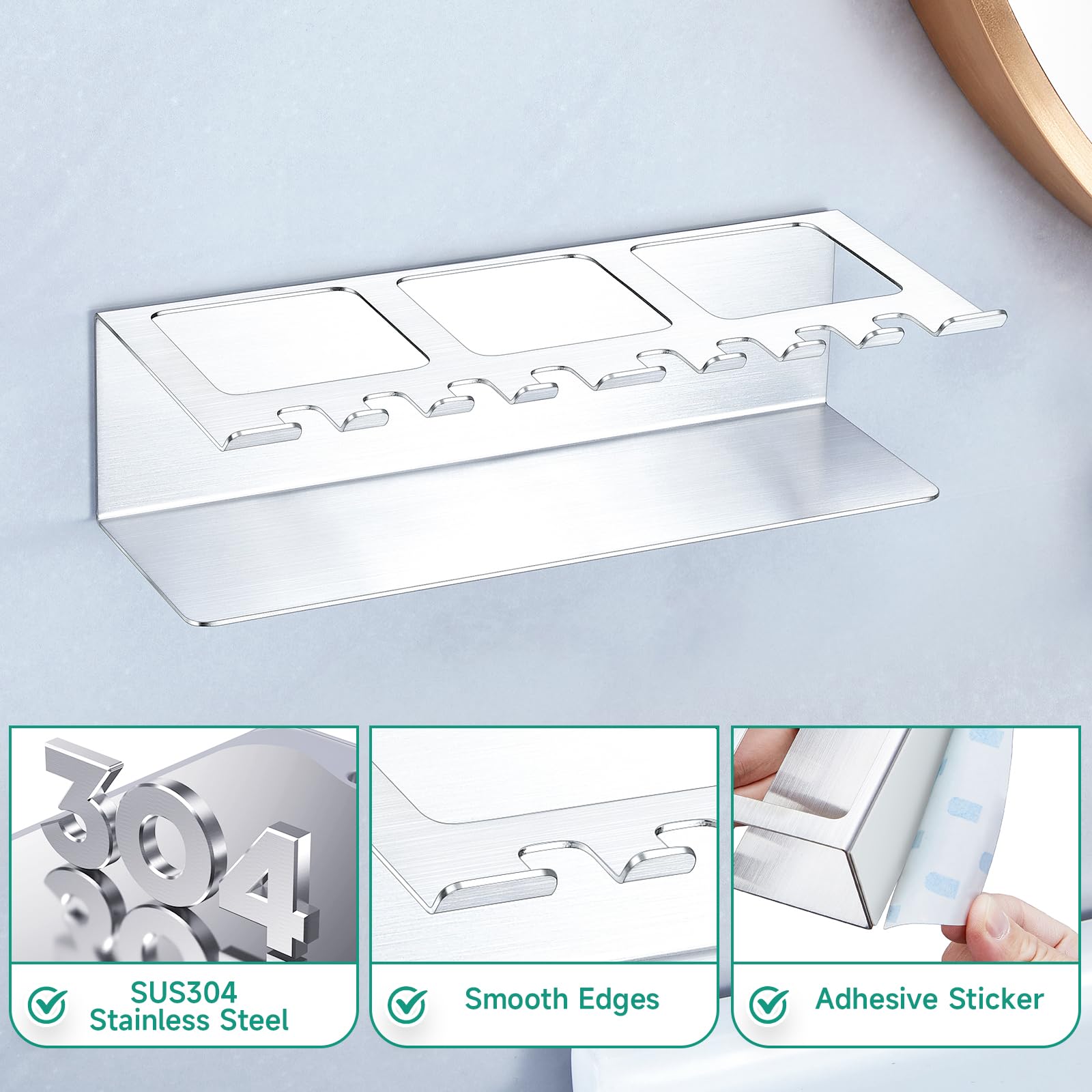 Soporte para cepillo de dientes de acero inoxidable, 3 compartimentos, montaje en pared, soporte para cabezal de cepillo de dientes eléctrico, color plateado