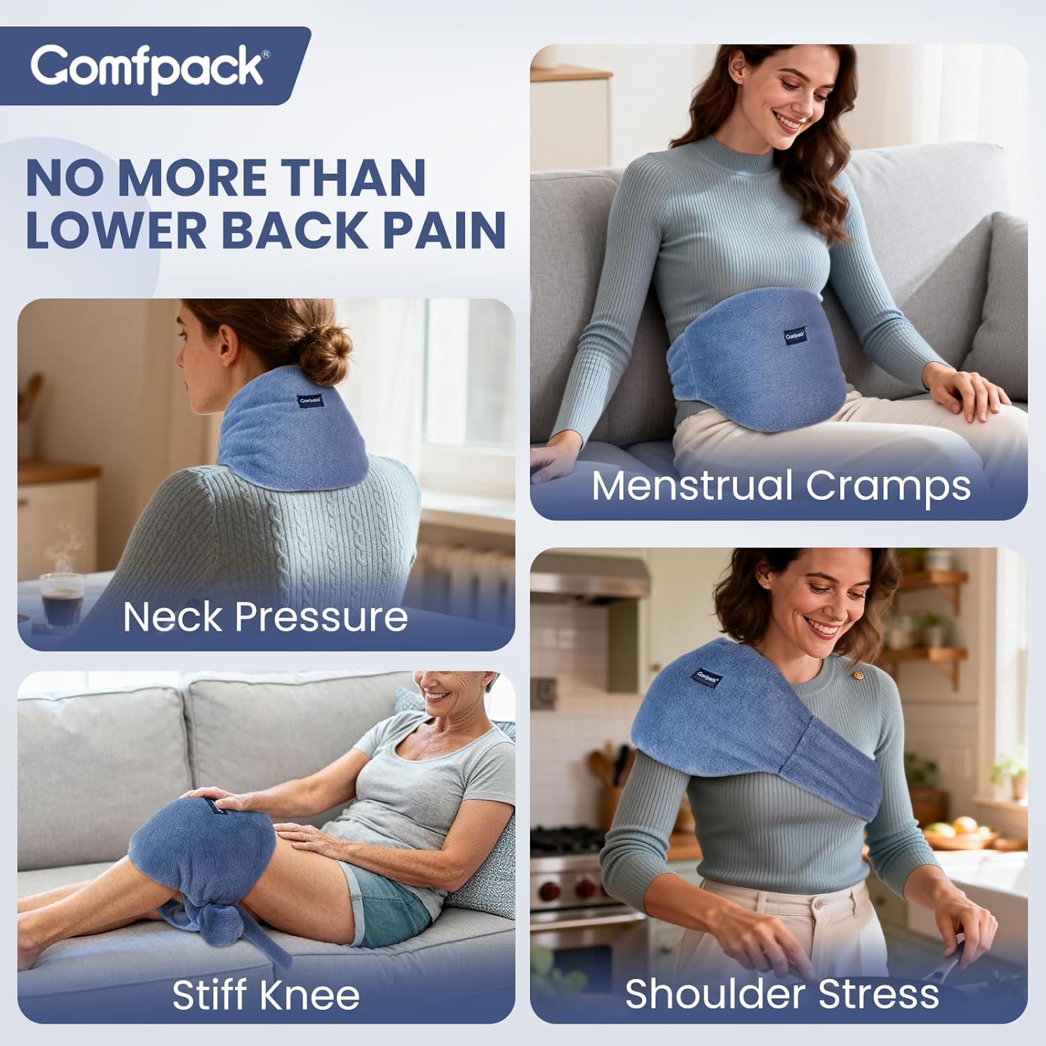 Comfpack Microwave Heating Pad for Back Pain Relief, Washable Microwavable Hot Compress Therapy for Sciatica Surgery Recovery, Lower Lumbar, Waist Warm Compress, Stomach, Cramps, Blue